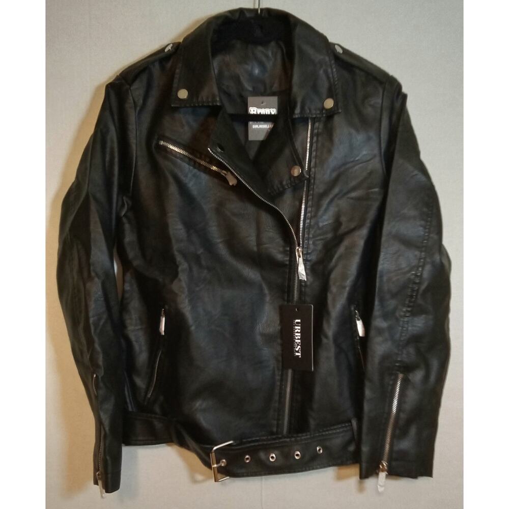 URBEST Black Faux Leather Jacket Belted Waist Women's Large